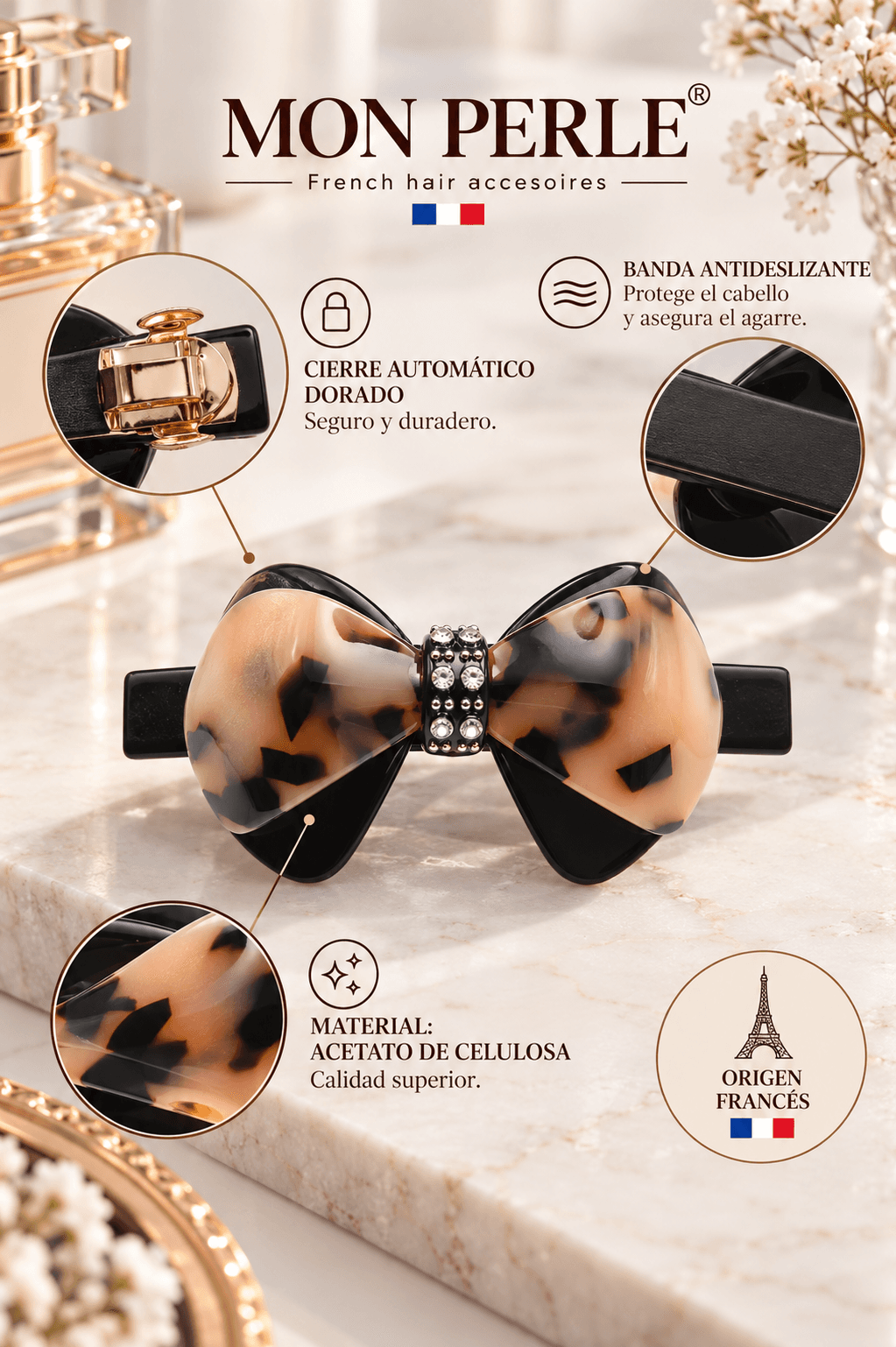 Hebilla Francesa Negra con moño estampado
